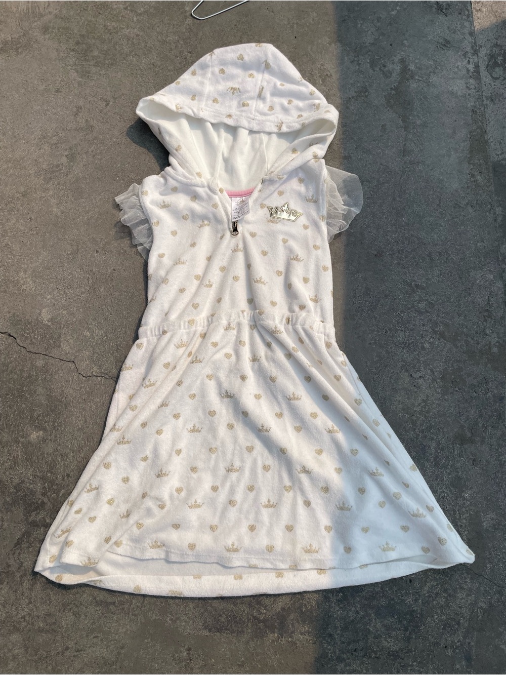 Girls' White Hooded Pajama Dress or bathing suit cover with Gold Crown Print